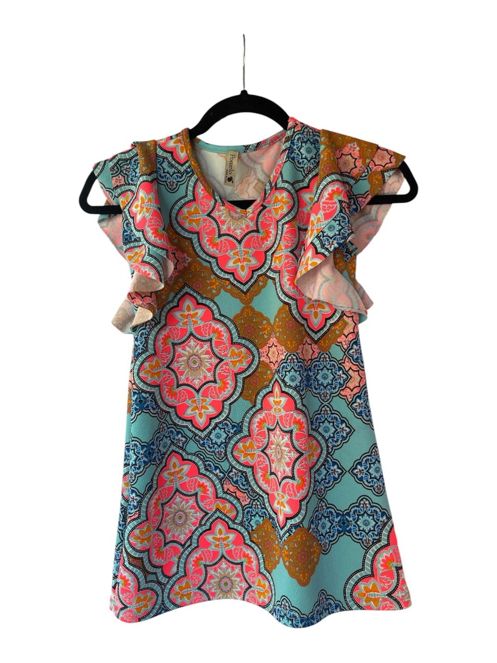 Pomelo Teal Floral Tile-Print Ruffle Sleeve Top